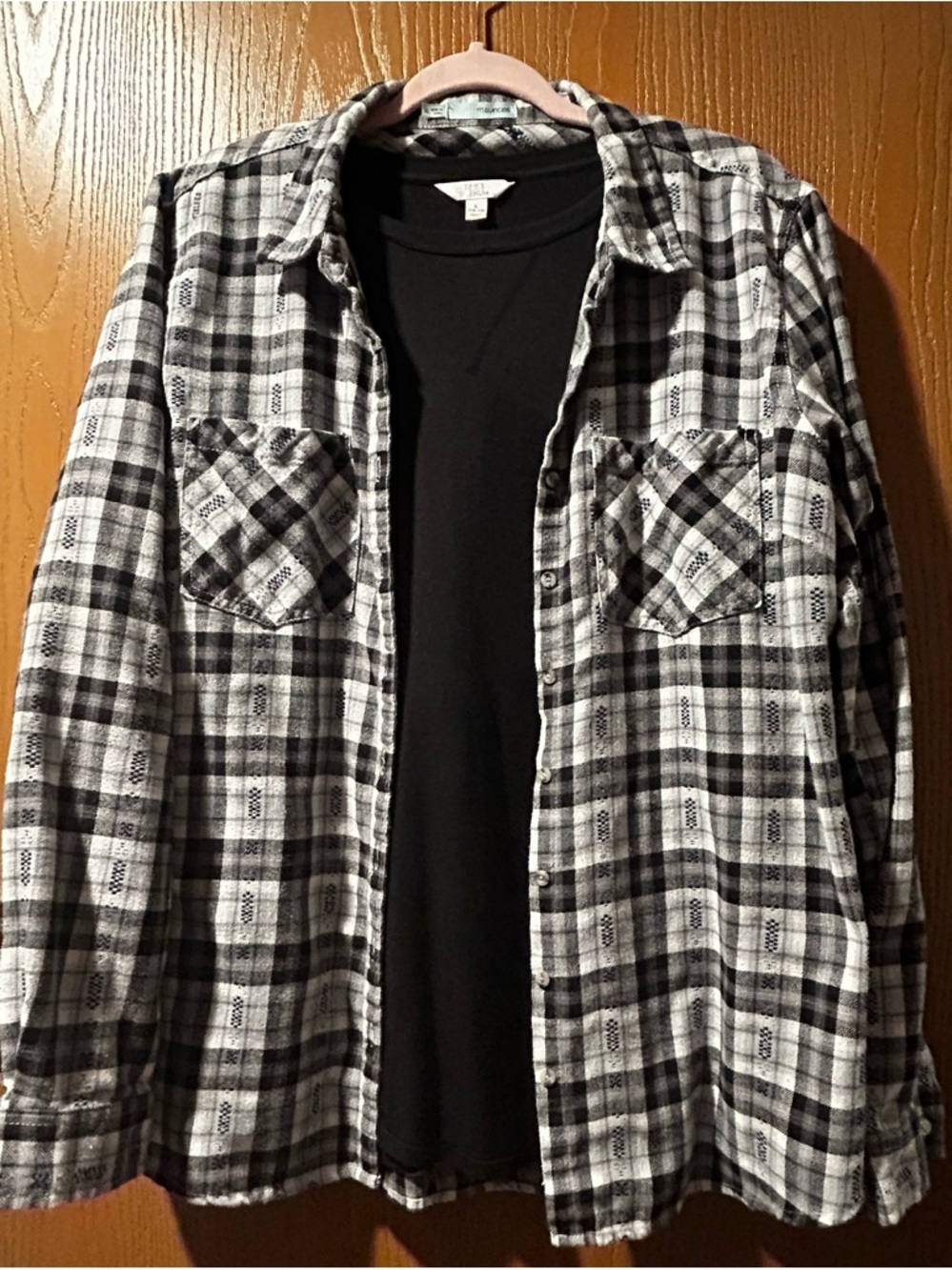 Maurices Black and White Plaid Shirt with Black Long Sleeve Tee